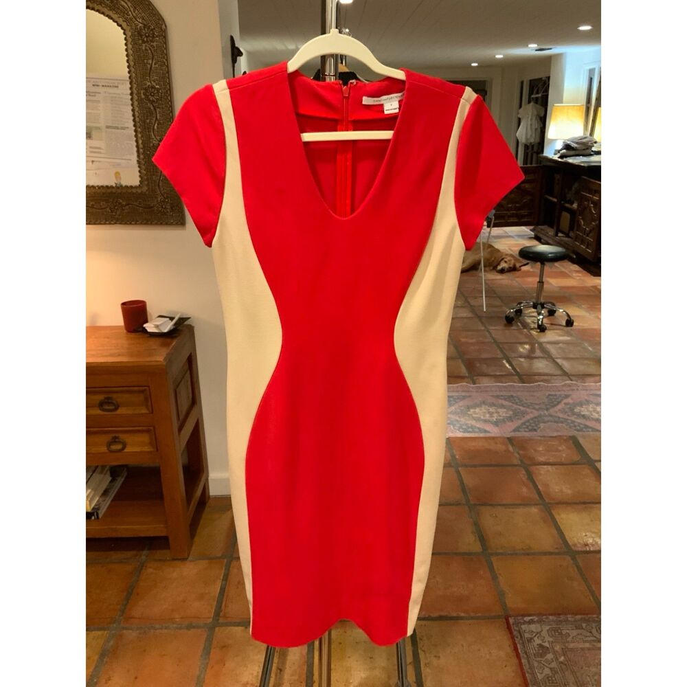 Diane von Furstenberg Red & Cream Colorblock Bodycon Dress Size 8